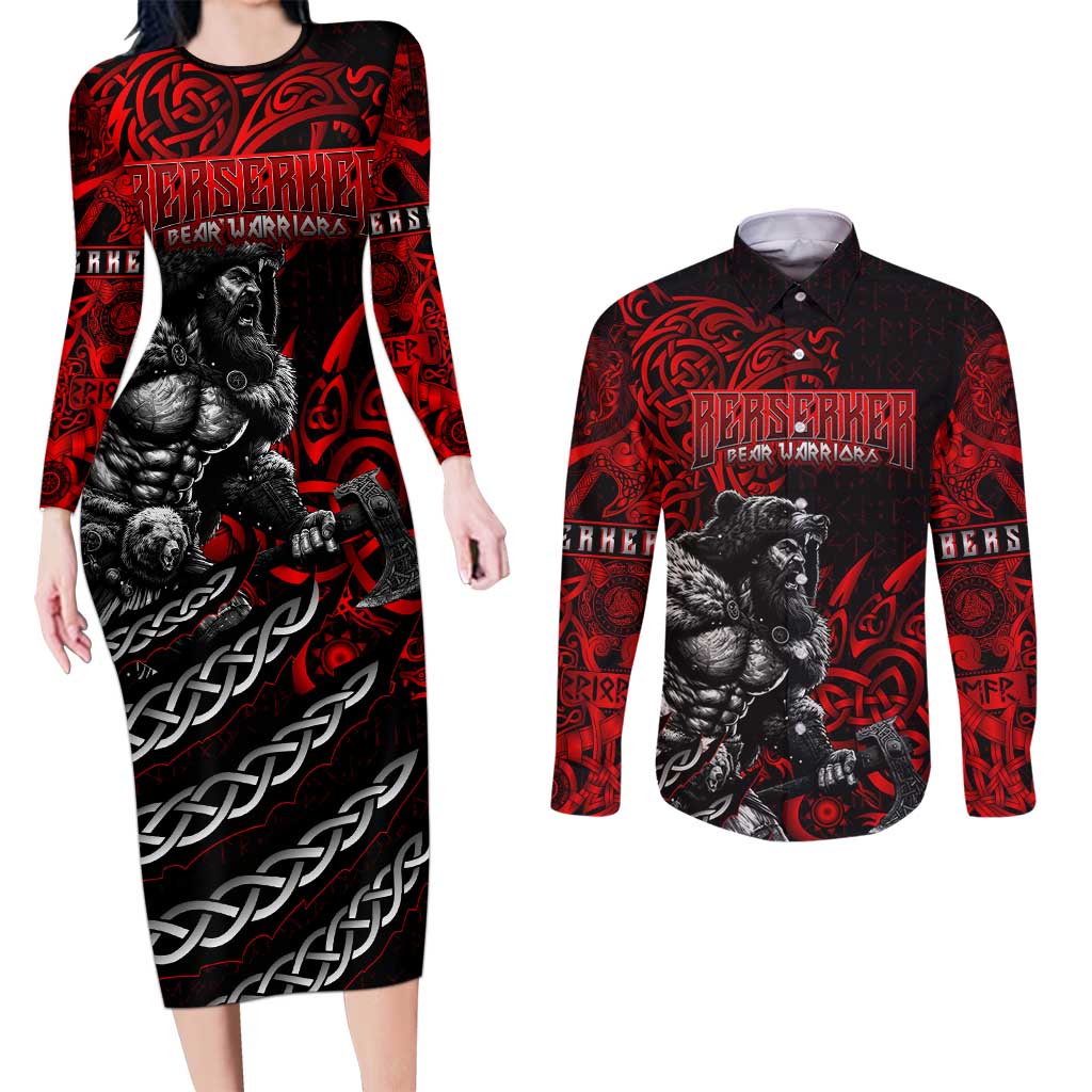 Berserker Bear Warrior Viking Couples Matching Long Sleeve Bodycon Dress and Long Sleeve Button Shirt Tribal Strength and Runic Blood