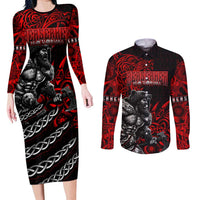 Berserker Bear Warrior Viking Couples Matching Long Sleeve Bodycon Dress and Long Sleeve Button Shirt Tribal Strength and Runic Blood