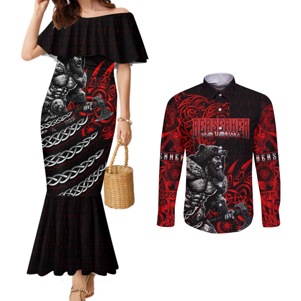 Berserker Bear Warrior Viking Couples Matching Mermaid Dress and Long Sleeve Button Shirt Tribal Strength and Runic Blood