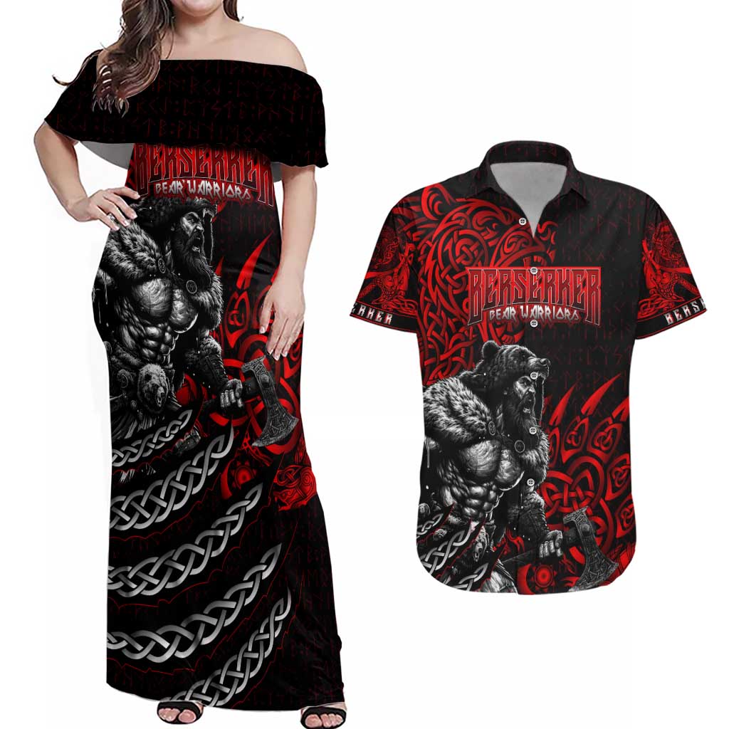 Berserker Bear Warrior Viking Couples Matching Off Shoulder Maxi Dress and Hawaiian Shirt Tribal Strength and Runic Blood