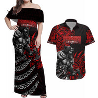 Berserker Bear Warrior Viking Couples Matching Off Shoulder Maxi Dress and Hawaiian Shirt Tribal Strength and Runic Blood