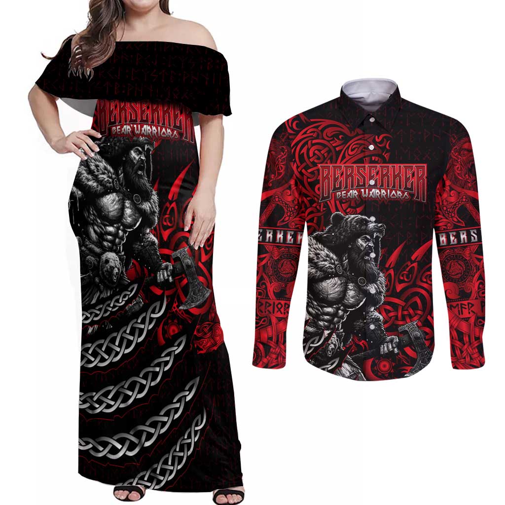 Berserker Bear Warrior Viking Couples Matching Off Shoulder Maxi Dress and Long Sleeve Button Shirt Tribal Strength and Runic Blood