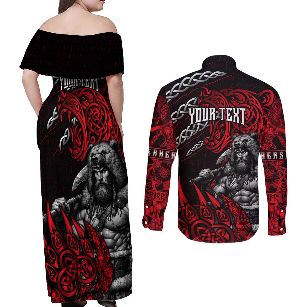 Berserker Bear Warrior Viking Couples Matching Off Shoulder Maxi Dress and Long Sleeve Button Shirt Tribal Strength and Runic Blood