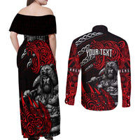 Berserker Bear Warrior Viking Couples Matching Off Shoulder Maxi Dress and Long Sleeve Button Shirt Tribal Strength and Runic Blood