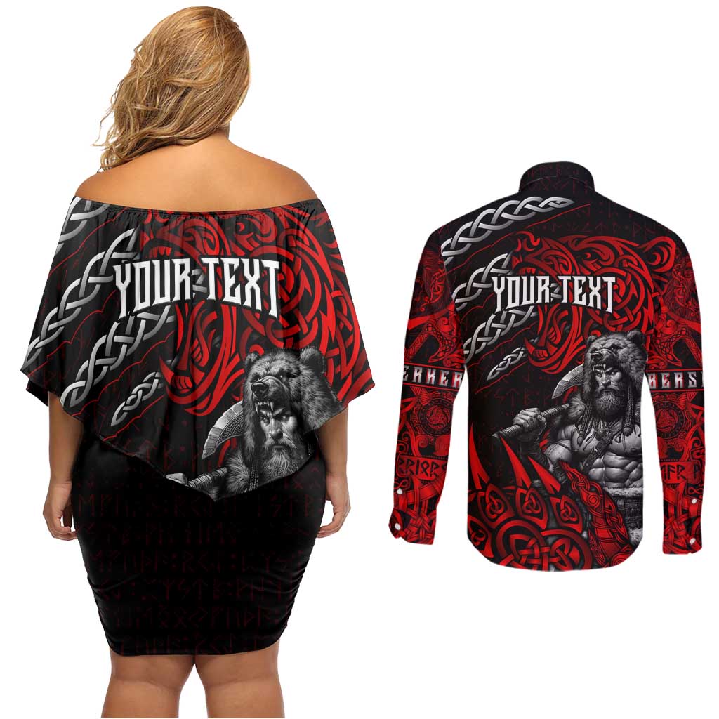 Berserker Bear Warrior Viking Couples Matching Off Shoulder Short Dress and Long Sleeve Button Shirt Tribal Strength and Runic Blood