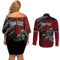 Berserker Bear Warrior Viking Couples Matching Off Shoulder Short Dress and Long Sleeve Button Shirt Tribal Strength and Runic Blood