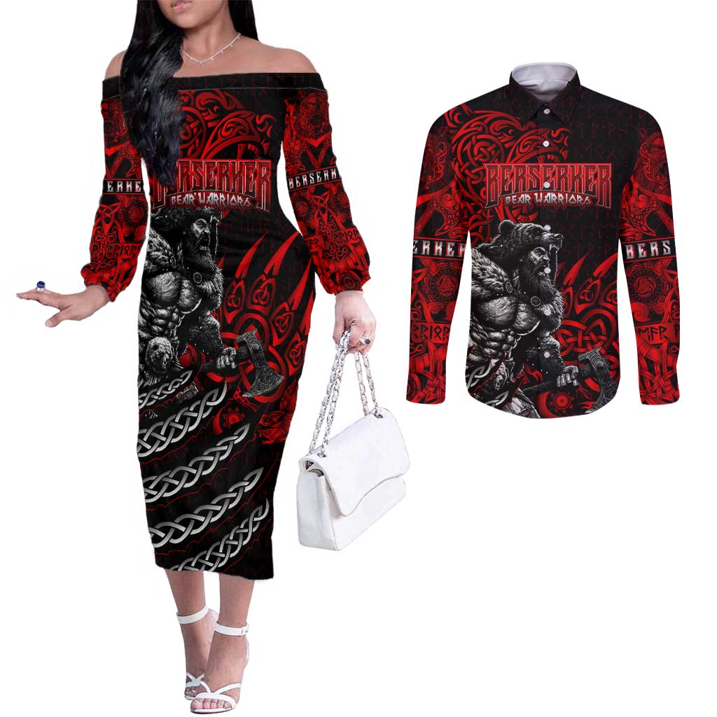 Berserker Bear Warrior Viking Couples Matching Off The Shoulder Long Sleeve Dress and Long Sleeve Button Shirt Tribal Strength and Runic Blood