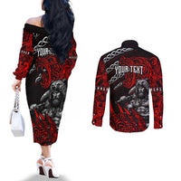 Berserker Bear Warrior Viking Couples Matching Off The Shoulder Long Sleeve Dress and Long Sleeve Button Shirt Tribal Strength and Runic Blood