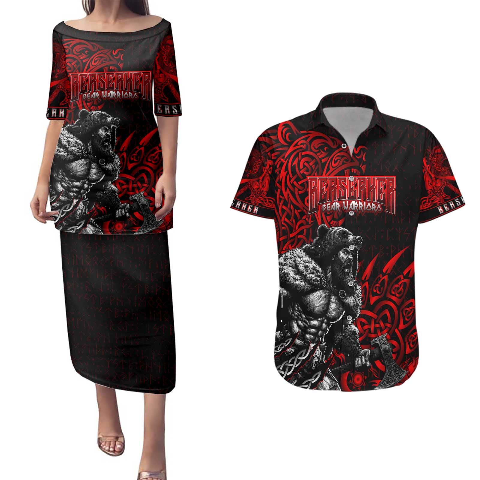 Berserker Bear Warrior Viking Couples Matching Puletasi and Hawaiian Shirt Tribal Strength and Runic Blood