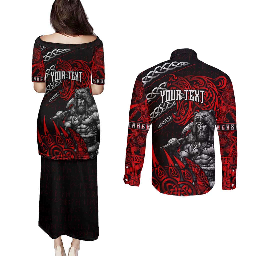 Berserker Bear Warrior Viking Couples Matching Puletasi and Long Sleeve Button Shirt Tribal Strength and Runic Blood