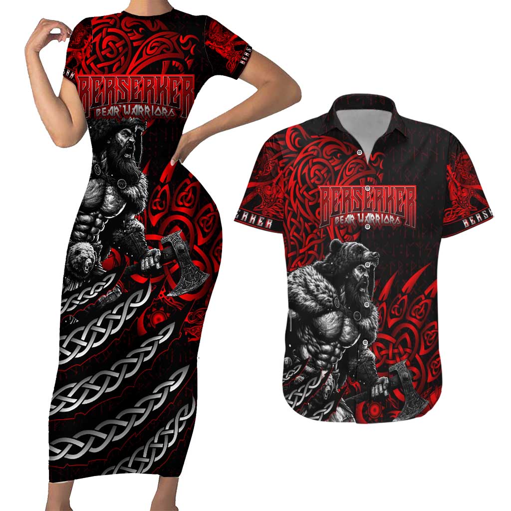 Berserker Bear Warrior Viking Couples Matching Short Sleeve Bodycon Dress and Hawaiian Shirt Tribal Strength and Runic Blood