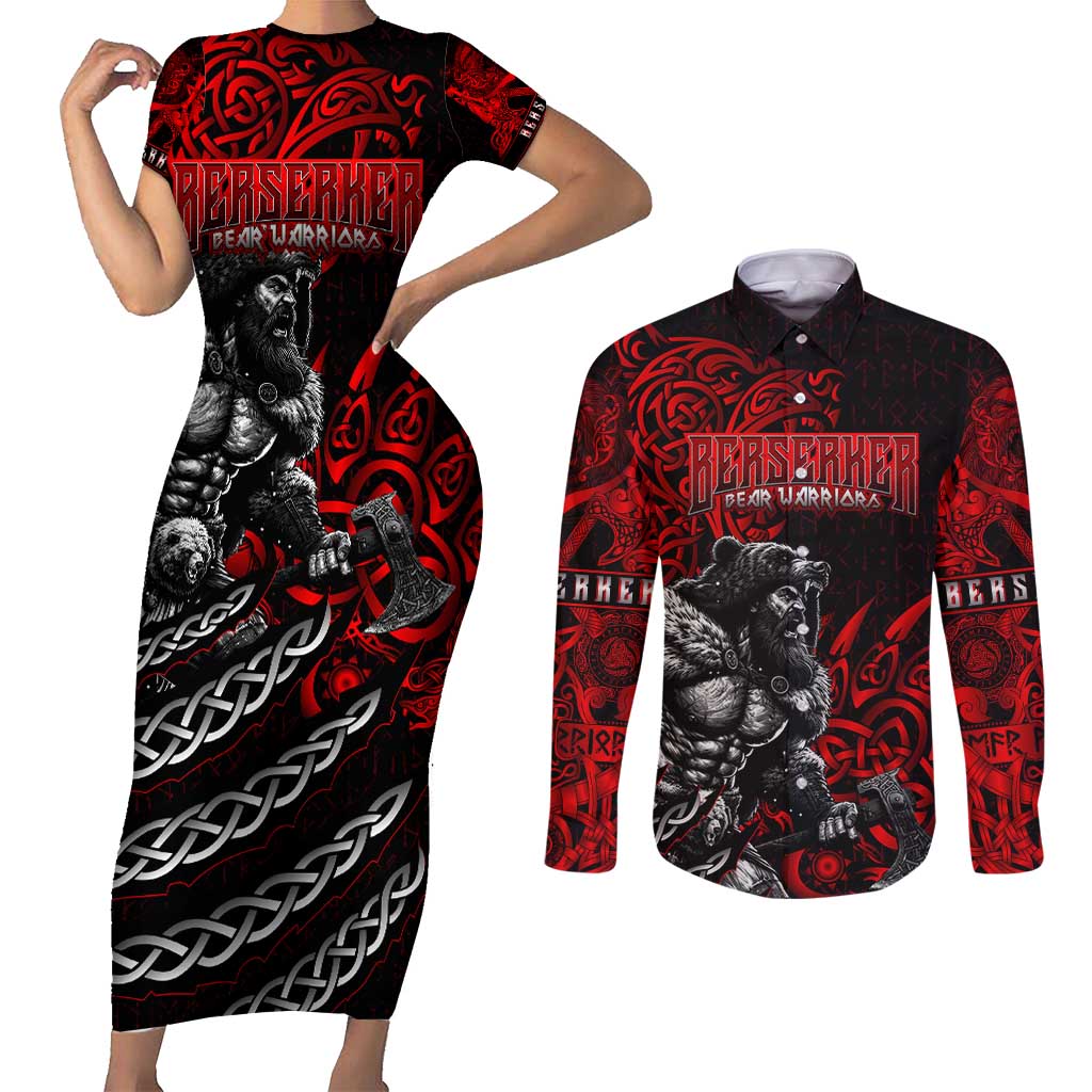 Berserker Bear Warrior Viking Couples Matching Short Sleeve Bodycon Dress and Long Sleeve Button Shirt Tribal Strength and Runic Blood