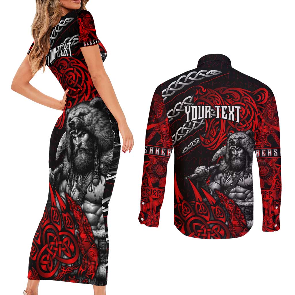 Berserker Bear Warrior Viking Couples Matching Short Sleeve Bodycon Dress and Long Sleeve Button Shirt Tribal Strength and Runic Blood