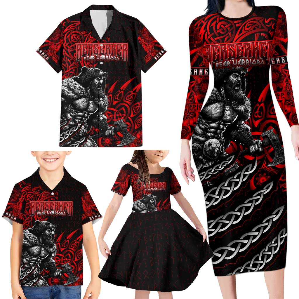 Berserker Bear Warrior Viking Family Matching Long Sleeve Bodycon Dress and Hawaiian Shirt Tribal Strength and Runic Blood