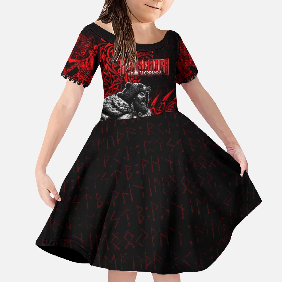 Berserker Bear Warrior Viking Family Matching Off The Shoulder Long Sleeve Dress and Hawaiian Shirt Tribal Strength and Runic Blood