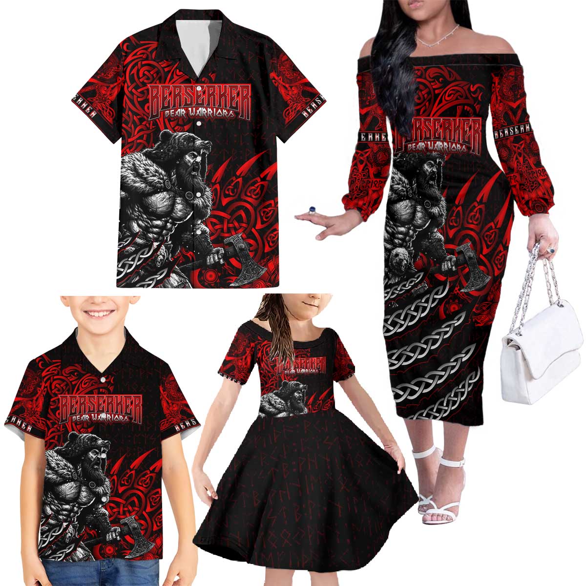 Berserker Bear Warrior Viking Family Matching Off The Shoulder Long Sleeve Dress and Hawaiian Shirt Tribal Strength and Runic Blood