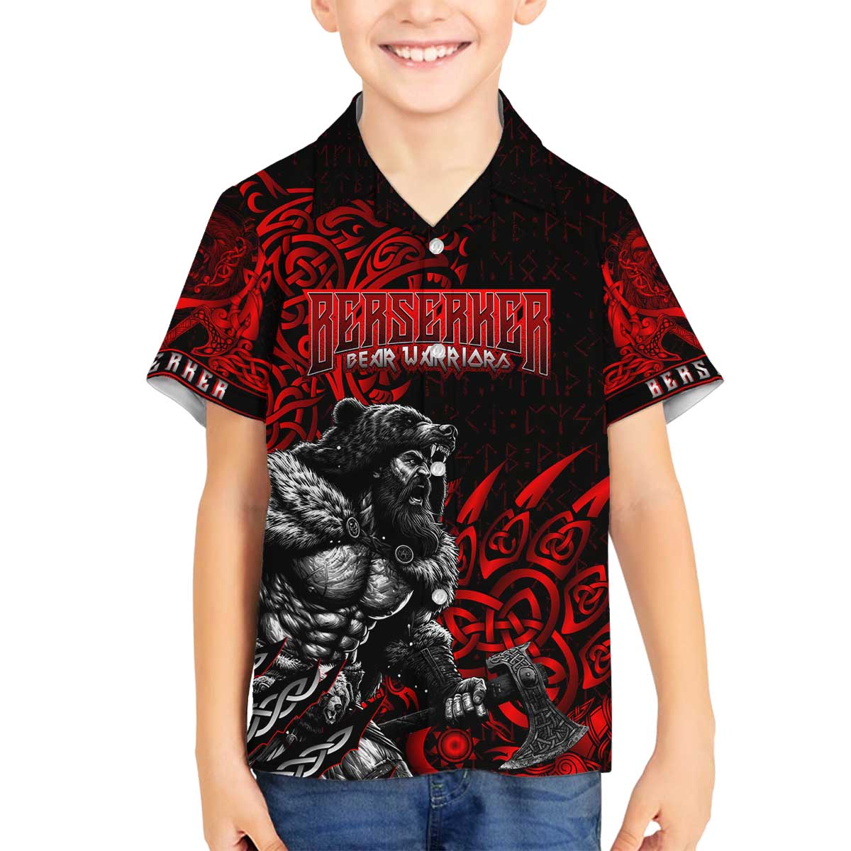 Berserker Bear Warrior Viking Family Matching Off The Shoulder Long Sleeve Dress and Hawaiian Shirt Tribal Strength and Runic Blood