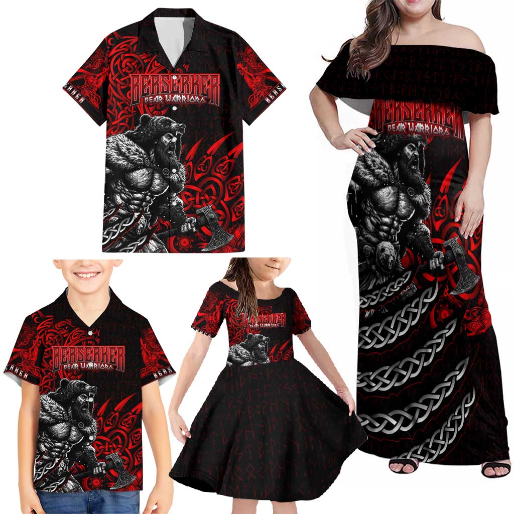 Berserker Bear Warrior Viking Family Matching Off Shoulder Maxi Dress and Hawaiian Shirt Tribal Strength and Runic Blood