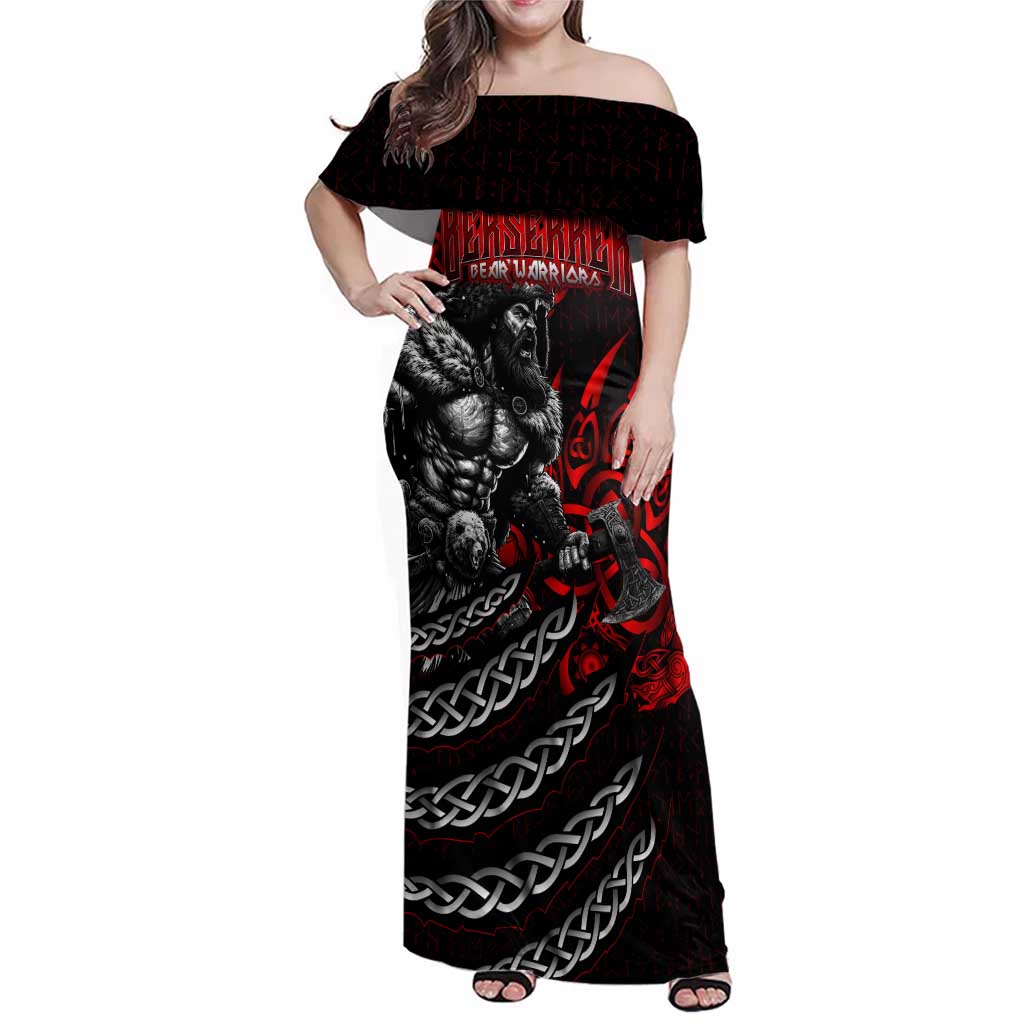 Berserker Bear Warrior Viking Family Matching Off Shoulder Maxi Dress and Hawaiian Shirt Tribal Strength and Runic Blood