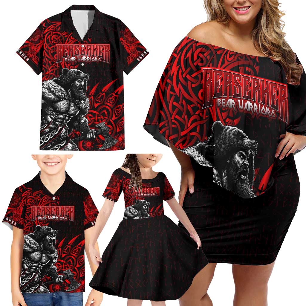 Berserker Bear Warrior Viking Family Matching Off Shoulder Short Dress and Hawaiian Shirt Tribal Strength and Runic Blood
