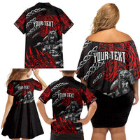 Berserker Bear Warrior Viking Family Matching Off Shoulder Short Dress and Hawaiian Shirt Tribal Strength and Runic Blood