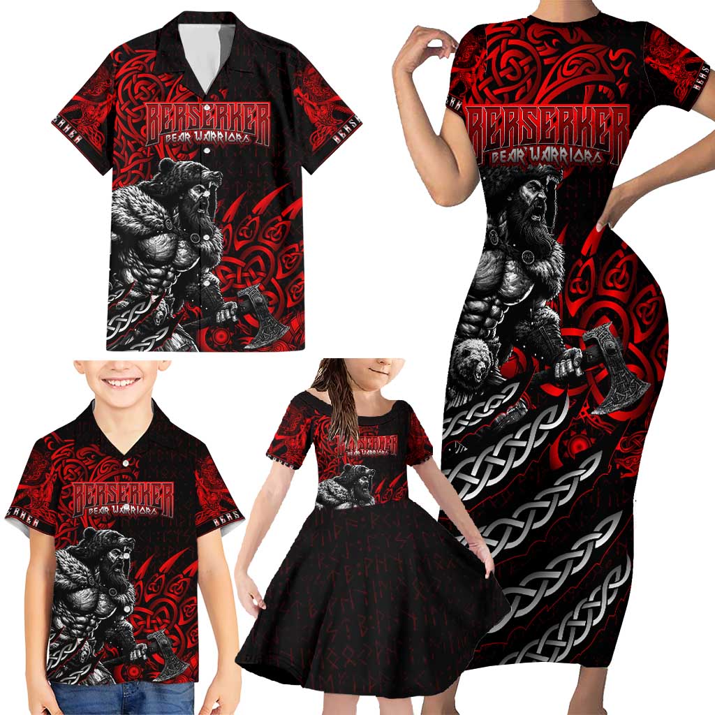 Berserker Bear Warrior Viking Family Matching Short Sleeve Bodycon Dress and Hawaiian Shirt Tribal Strength and Runic Blood