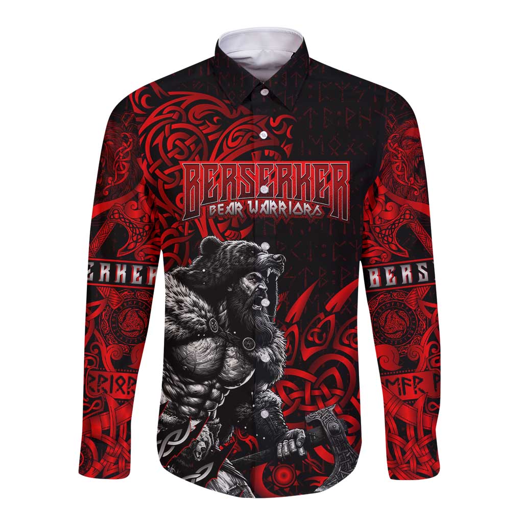 Berserker Bear Warrior Viking Long Sleeve Button Shirt Tribal Strength and Runic Blood