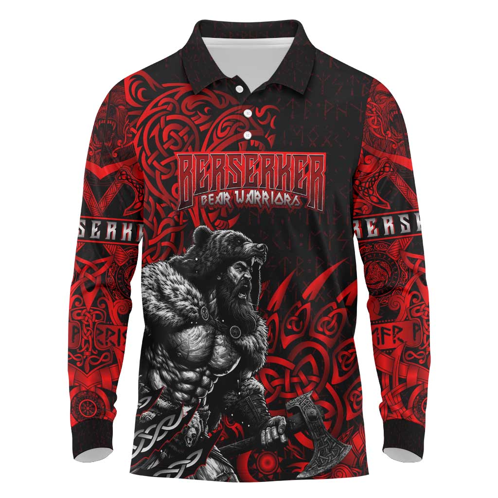 Berserker Bear Warrior Viking Long Sleeve Polo Shirt Tribal Strength and Runic Blood