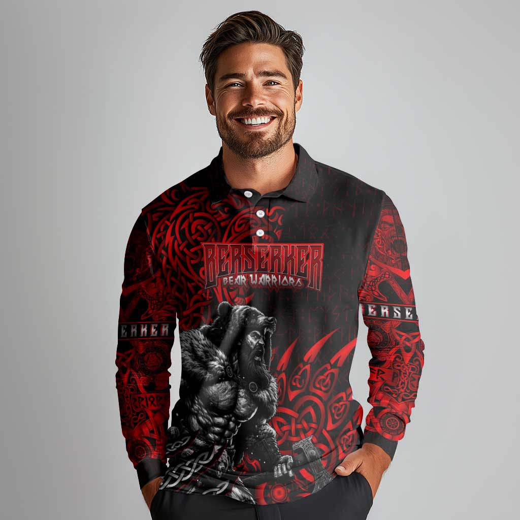 Berserker Bear Warrior Viking Long Sleeve Polo Shirt Tribal Strength and Runic Blood