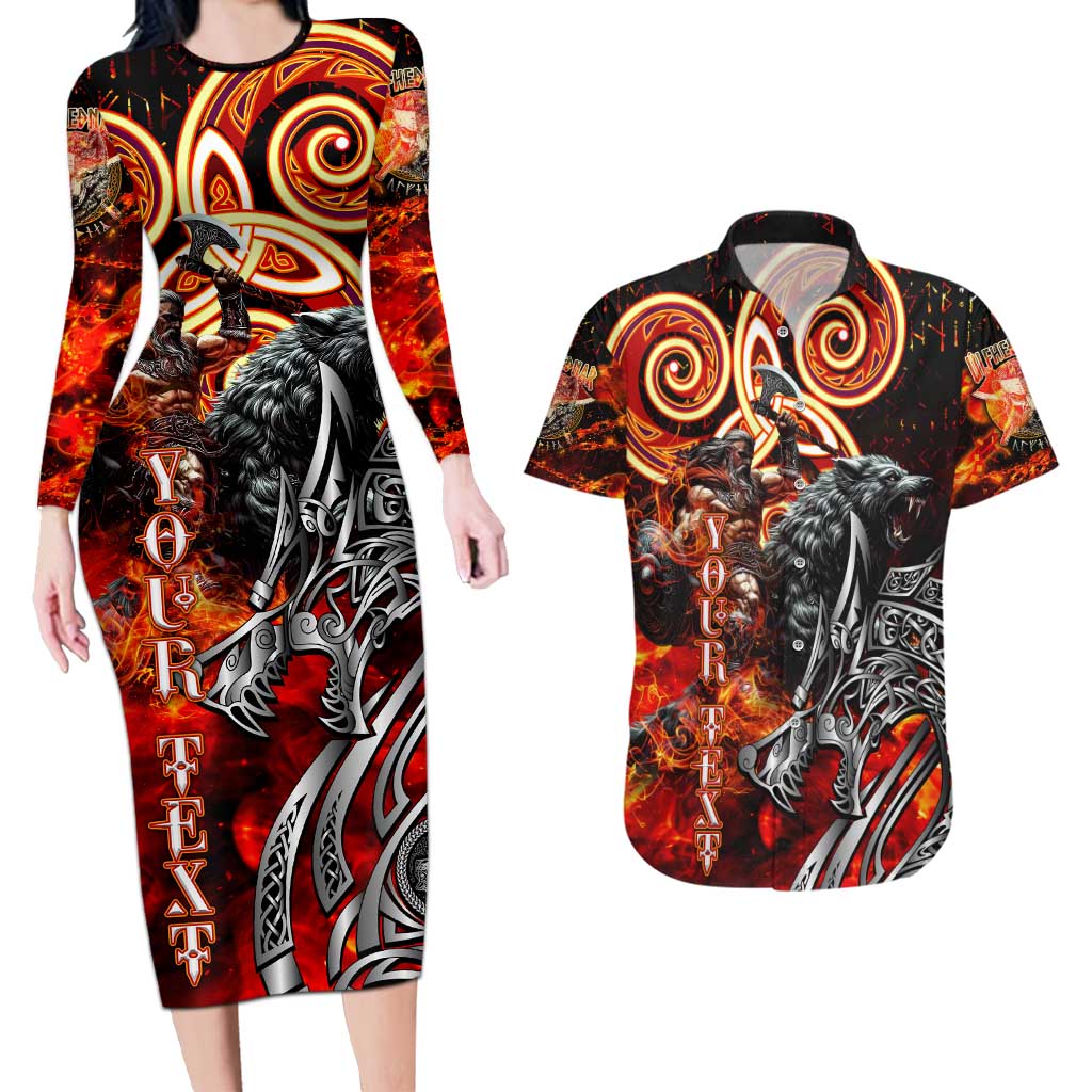 Ulfhednar Wofl Warrior Viking Couples Matching Long Sleeve Bodycon Dress and Hawaiian Shirt Runes Norse Mythology Fire