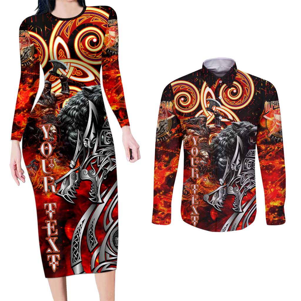 Ulfhednar Wofl Warrior Viking Couples Matching Long Sleeve Bodycon Dress and Long Sleeve Button Shirt Runes Norse Mythology Fire