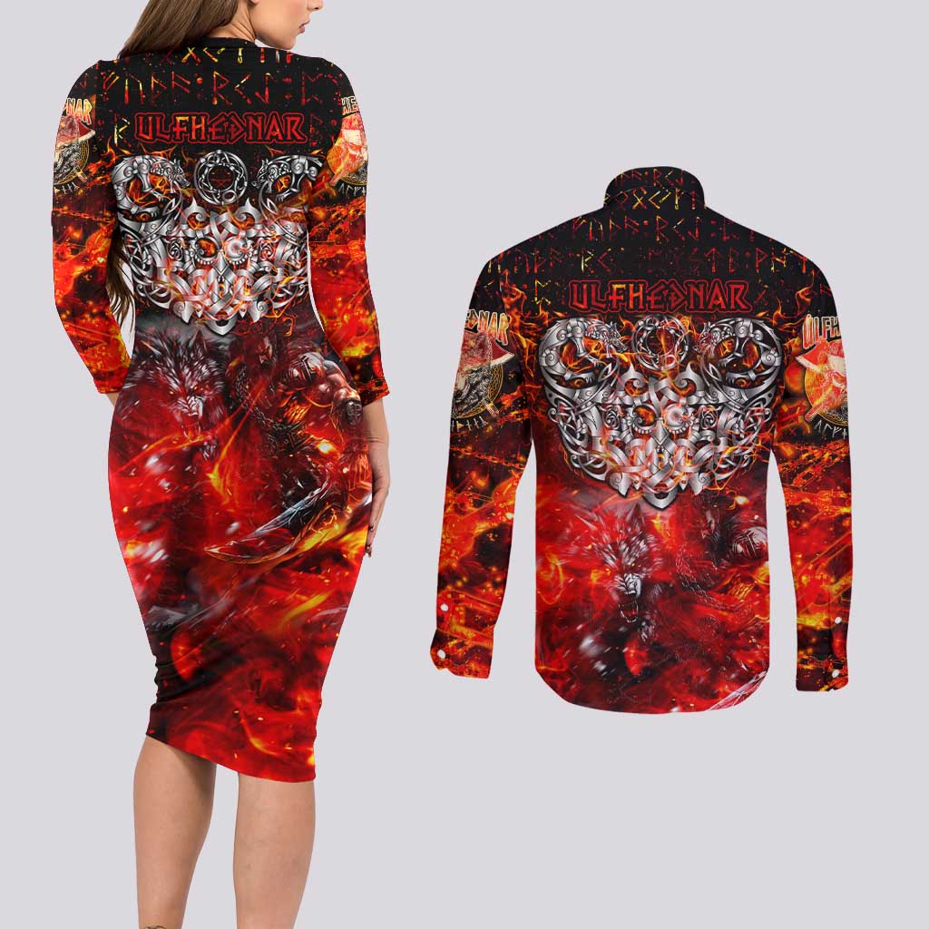 Ulfhednar Wofl Warrior Viking Couples Matching Long Sleeve Bodycon Dress and Long Sleeve Button Shirt Runes Norse Mythology Fire
