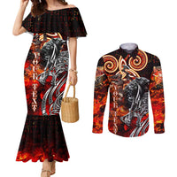 Ulfhednar Wofl Warrior Viking Couples Matching Mermaid Dress and Long Sleeve Button Shirt Runes Norse Mythology Fire