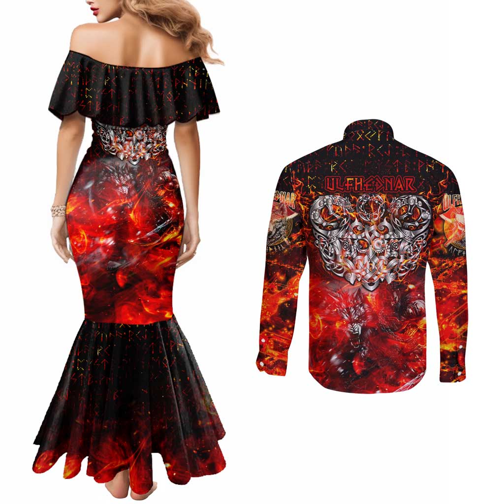 Ulfhednar Wofl Warrior Viking Couples Matching Mermaid Dress and Long Sleeve Button Shirt Runes Norse Mythology Fire