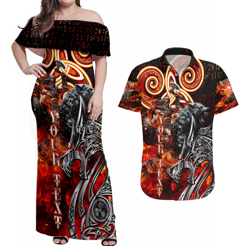 Ulfhednar Wofl Warrior Viking Couples Matching Off Shoulder Maxi Dress and Hawaiian Shirt Runes Norse Mythology Fire