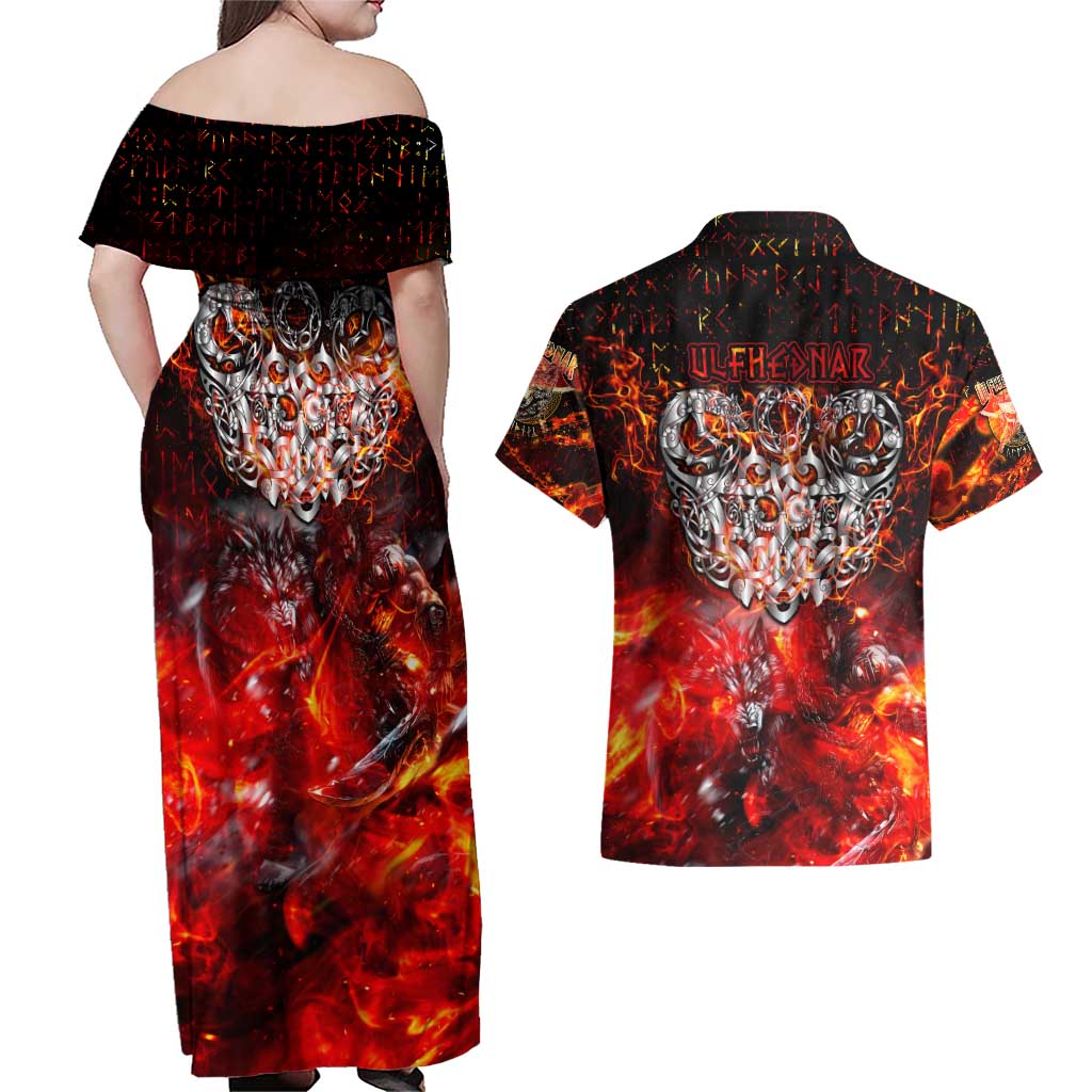 Ulfhednar Wofl Warrior Viking Couples Matching Off Shoulder Maxi Dress and Hawaiian Shirt Runes Norse Mythology Fire
