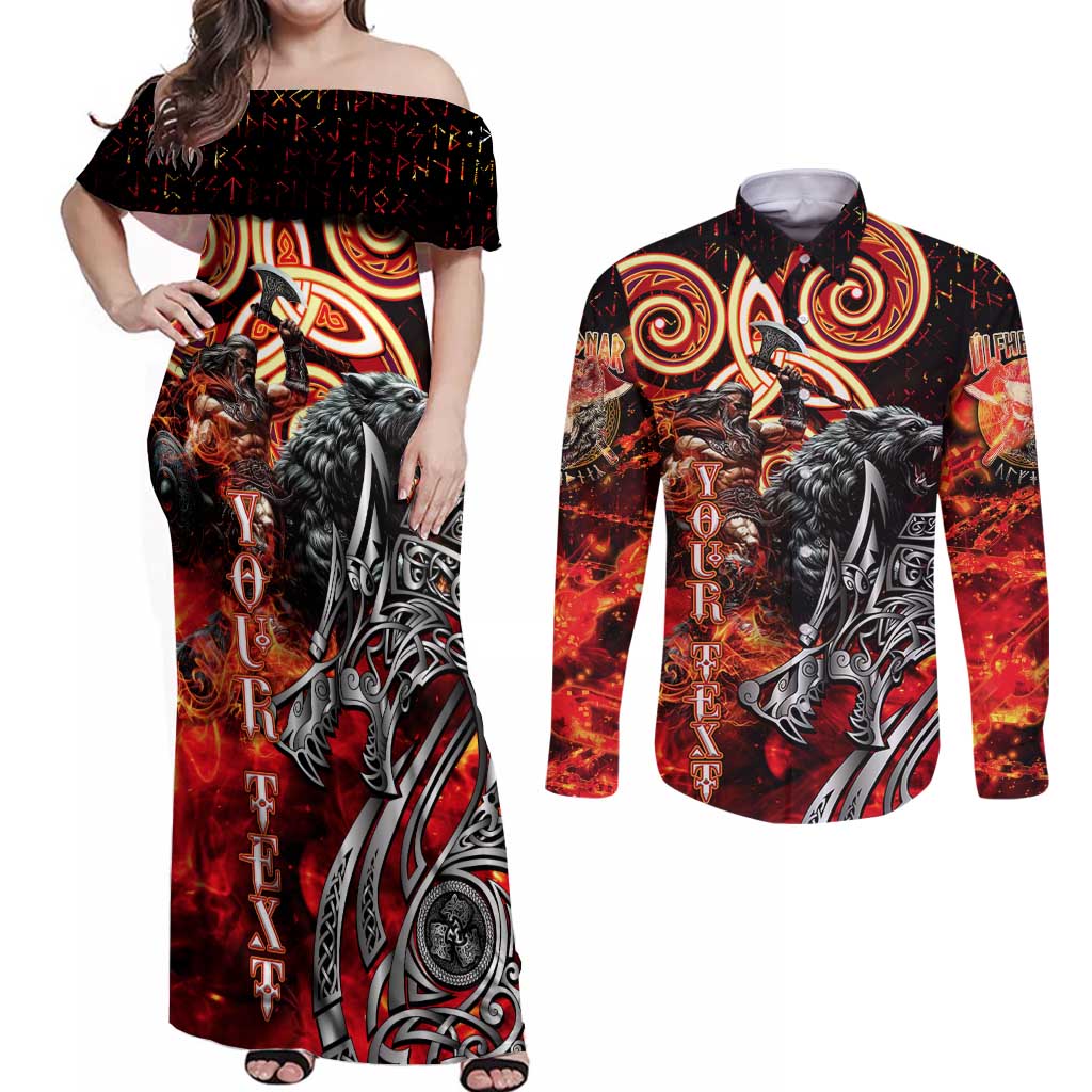 Ulfhednar Wofl Warrior Viking Couples Matching Off Shoulder Maxi Dress and Long Sleeve Button Shirt Runes Norse Mythology Fire
