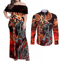 Ulfhednar Wofl Warrior Viking Couples Matching Off Shoulder Maxi Dress and Long Sleeve Button Shirt Runes Norse Mythology Fire