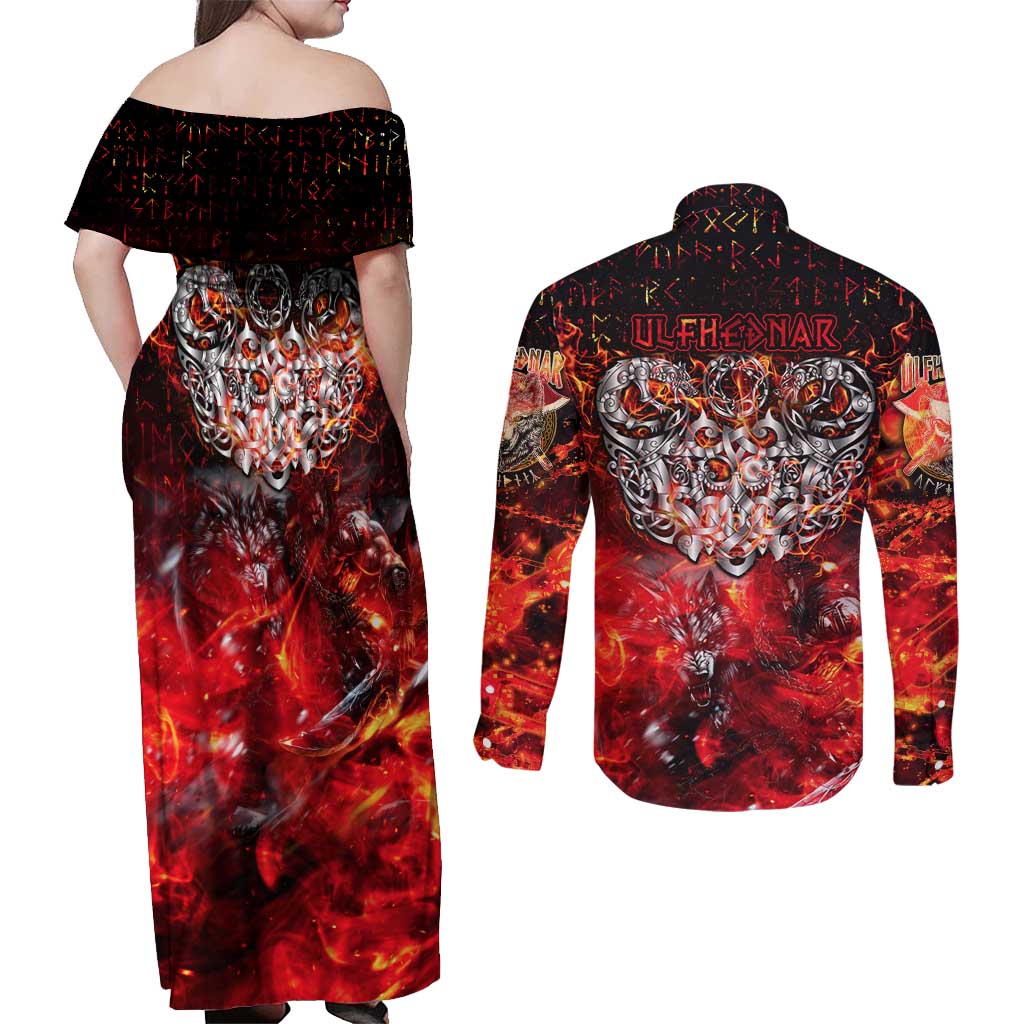 Ulfhednar Wofl Warrior Viking Couples Matching Off Shoulder Maxi Dress and Long Sleeve Button Shirt Runes Norse Mythology Fire