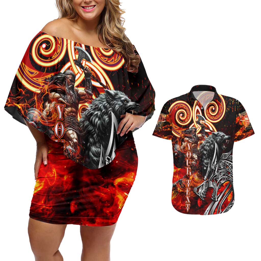 Ulfhednar Wofl Warrior Viking Couples Matching Off Shoulder Short Dress and Hawaiian Shirt Runes Norse Mythology Fire