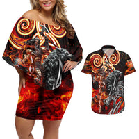 Ulfhednar Wofl Warrior Viking Couples Matching Off Shoulder Short Dress and Hawaiian Shirt Runes Norse Mythology Fire