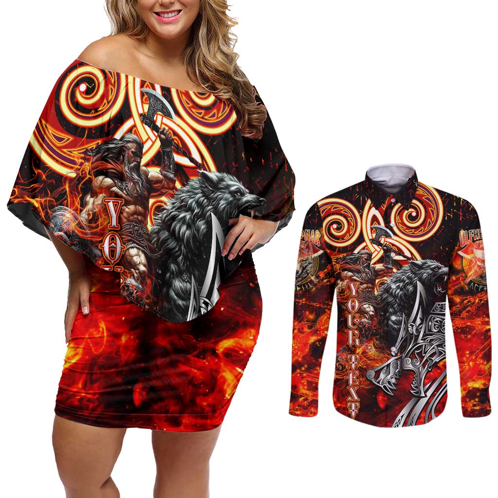 Ulfhednar Wofl Warrior Viking Couples Matching Off Shoulder Short Dress and Long Sleeve Button Shirt Runes Norse Mythology Fire
