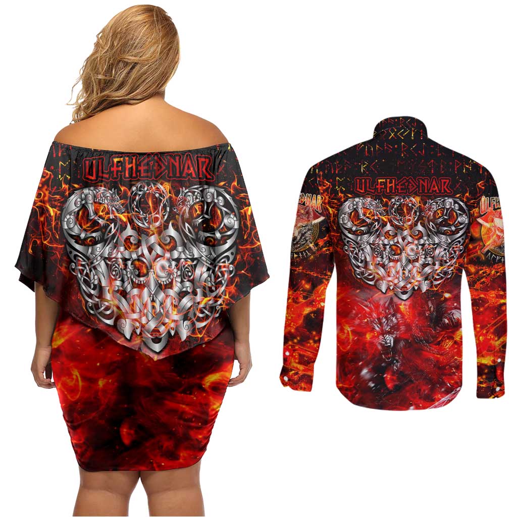 Ulfhednar Wofl Warrior Viking Couples Matching Off Shoulder Short Dress and Long Sleeve Button Shirt Runes Norse Mythology Fire