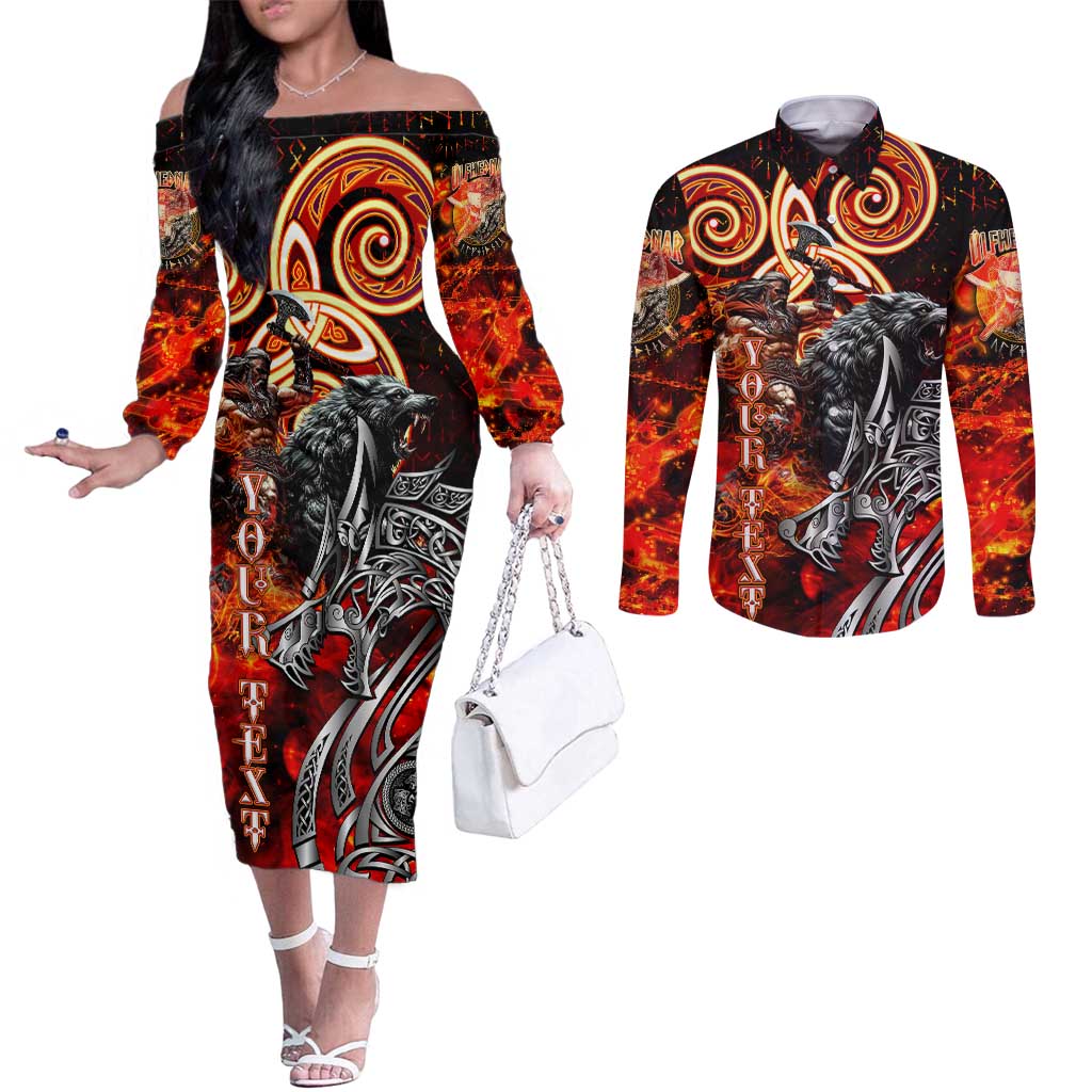 Ulfhednar Wofl Warrior Viking Couples Matching Off The Shoulder Long Sleeve Dress and Long Sleeve Button Shirt Runes Norse Mythology Fire