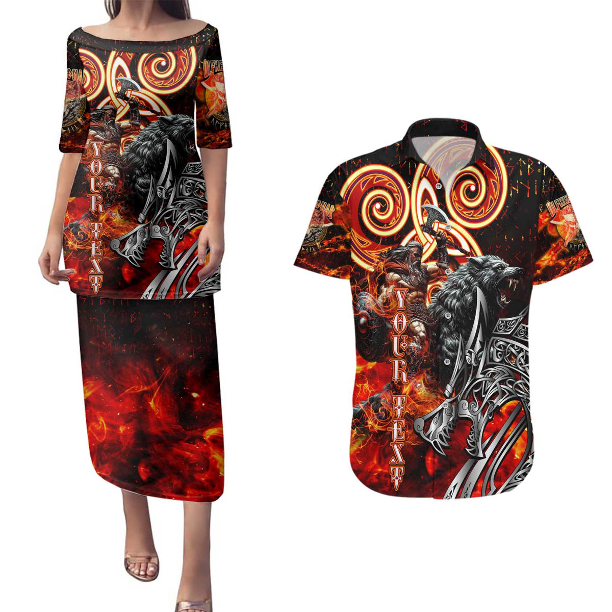 Ulfhednar Wofl Warrior Viking Couples Matching Puletasi and Hawaiian Shirt Runes Norse Mythology Fire