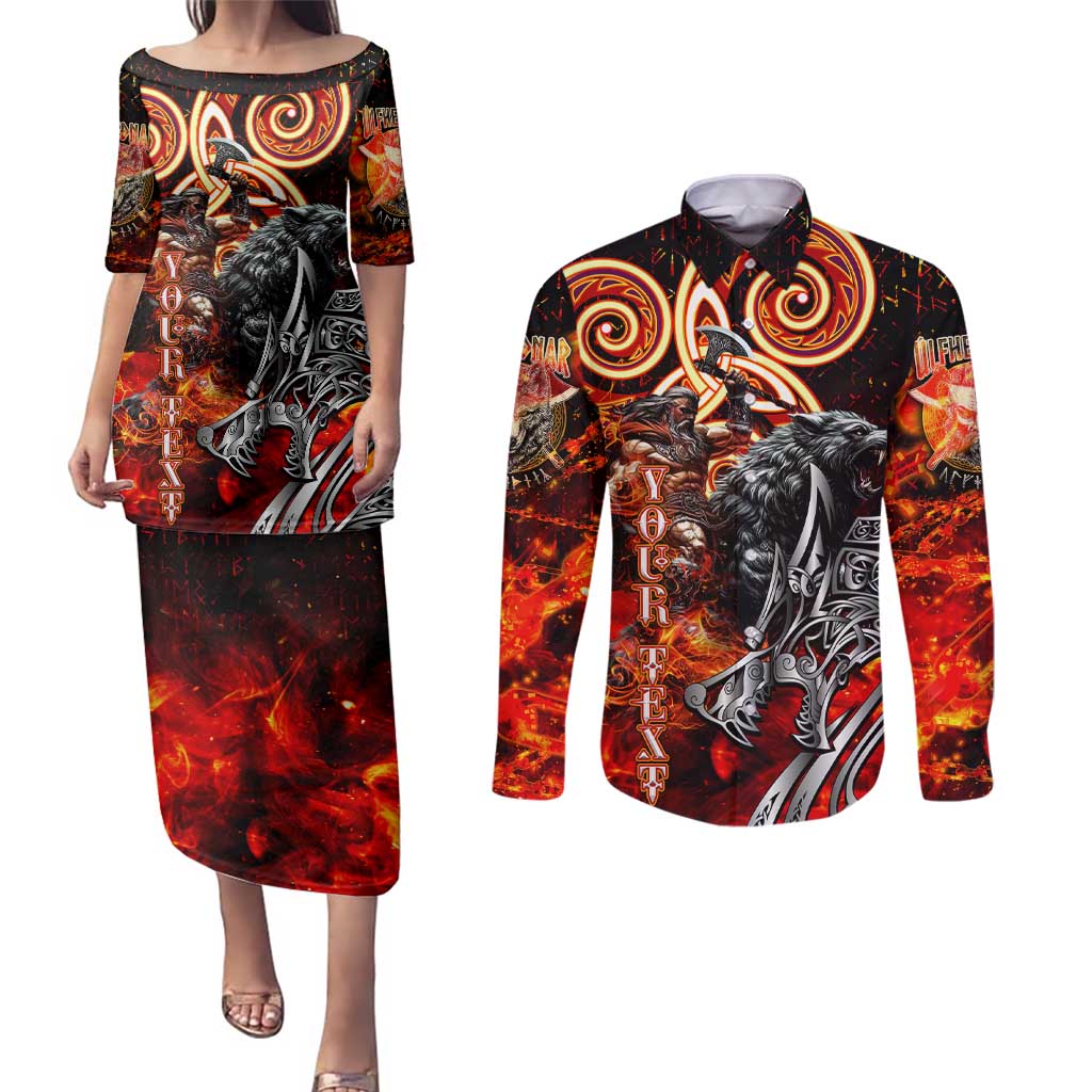 Ulfhednar Wofl Warrior Viking Couples Matching Puletasi and Long Sleeve Button Shirt Runes Norse Mythology Fire
