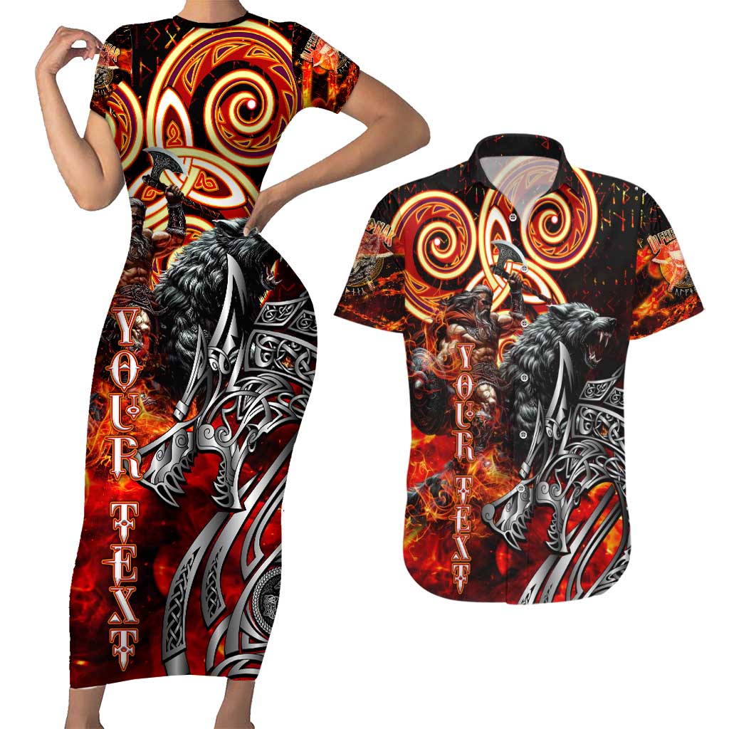 Ulfhednar Wofl Warrior Viking Couples Matching Short Sleeve Bodycon Dress and Hawaiian Shirt Runes Norse Mythology Fire