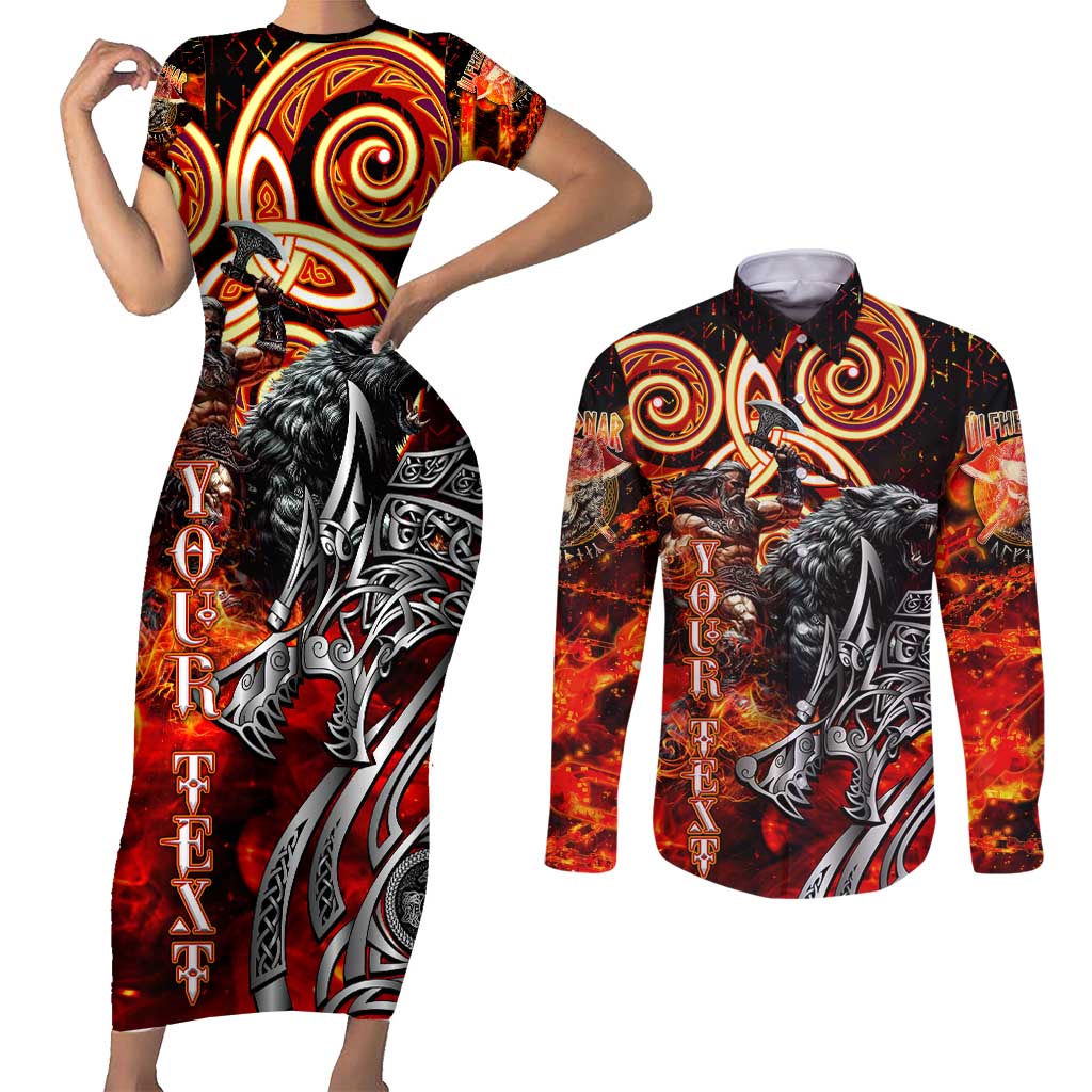 Ulfhednar Wofl Warrior Viking Couples Matching Short Sleeve Bodycon Dress and Long Sleeve Button Shirt Runes Norse Mythology Fire