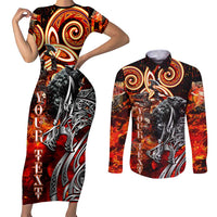 Ulfhednar Wofl Warrior Viking Couples Matching Short Sleeve Bodycon Dress and Long Sleeve Button Shirt Runes Norse Mythology Fire