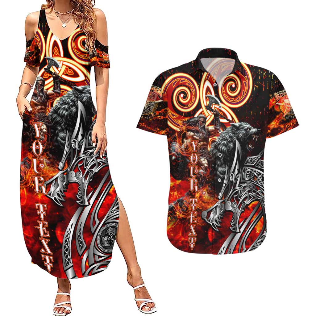 Ulfhednar Wofl Warrior Viking Couples Matching Summer Maxi Dress and Hawaiian Shirt Runes Norse Mythology Fire